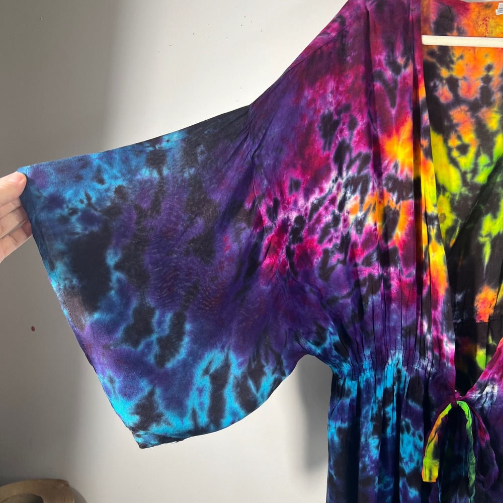 Dharma Trading Co Tie Dye Maxi Dress Kaftan 2XL Rayon Boho Festival Multicolor - Picture 3 of 9